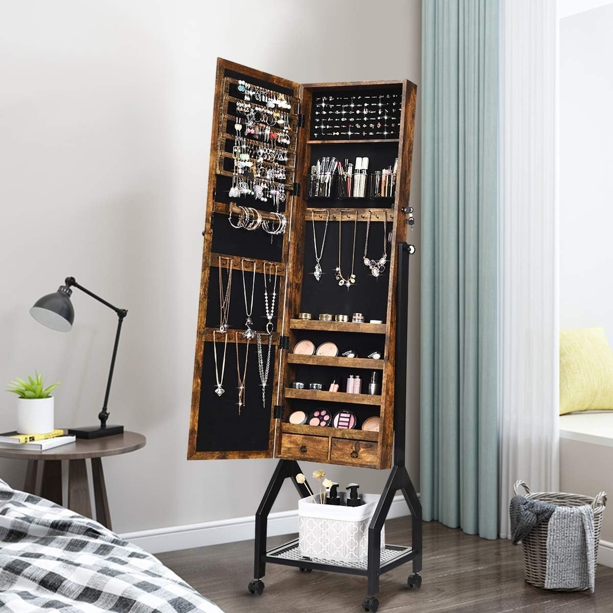 Brown Rolling Jewellery Cabinet Lockable Full Length Mirror Mobile Storage