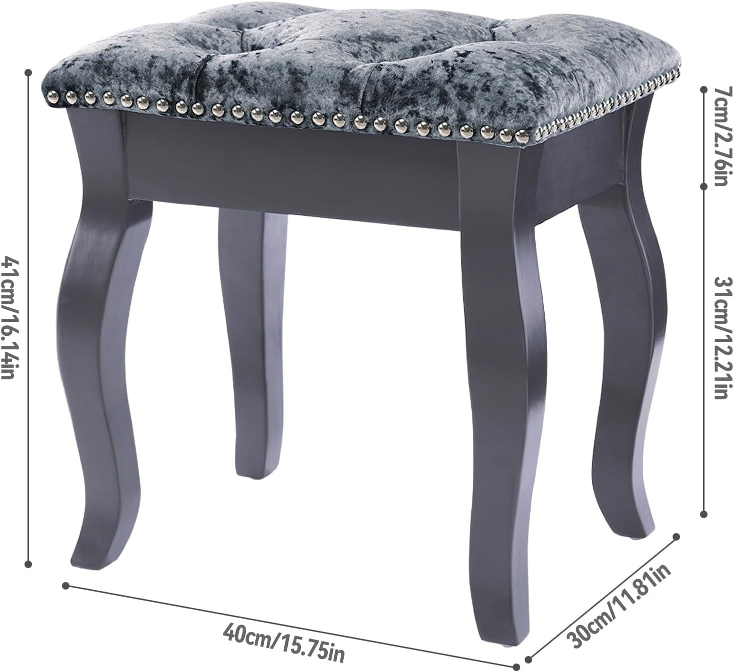 Grey Velvet Vanity Stool with Wooden Legs – Comfortable Dressing Table Chair