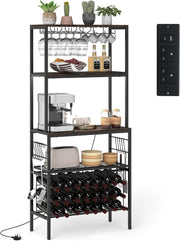 4 Tier Wine Bar Cabinet with Power Outlets, 24 Bottle Rack, Glass & Mug Holder