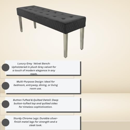 Luxury Grey Velvet 3-Seater Bench Modern Upholstered Dining & Entryway Seat