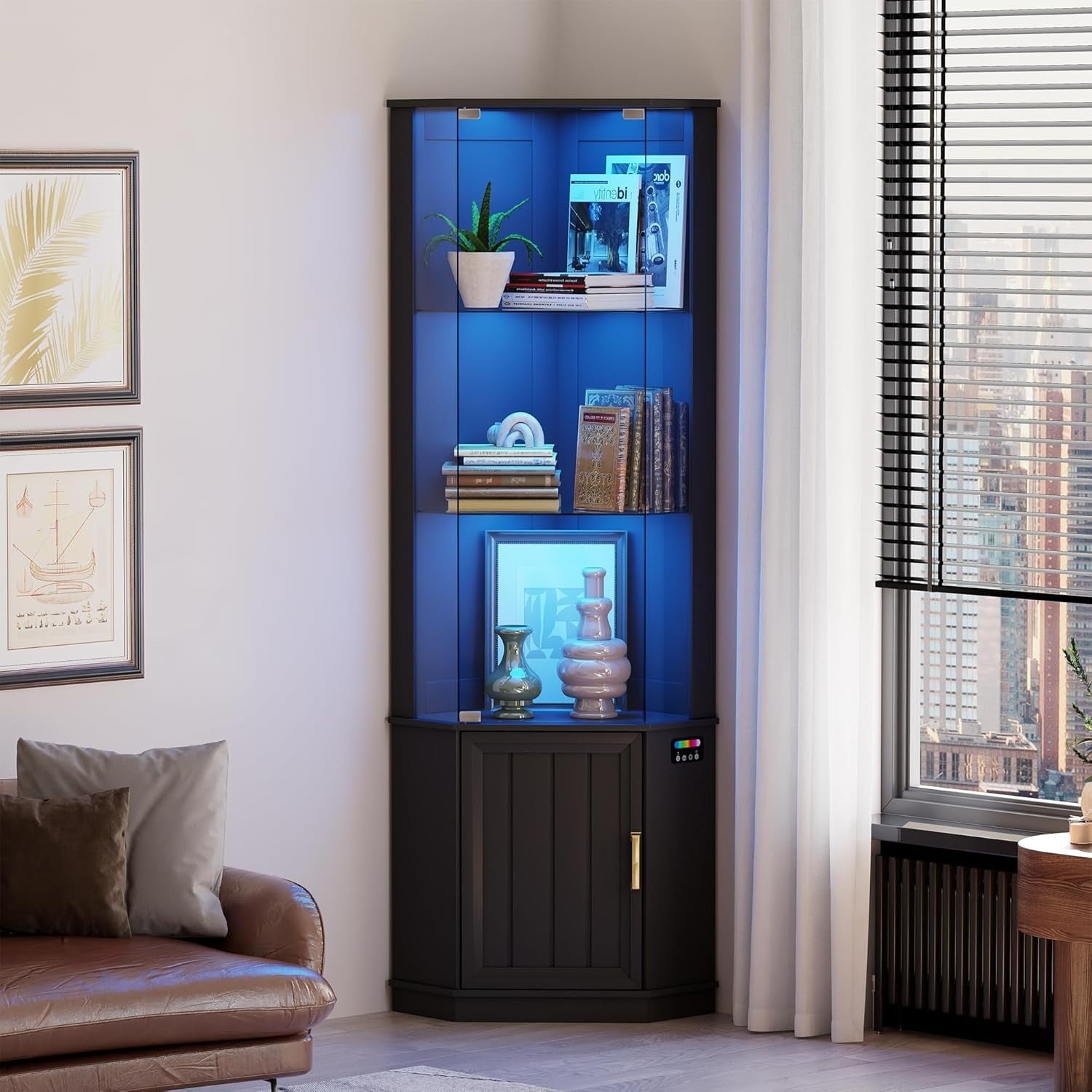 3-Tier Glass Display Cabinet with Motion Sensor & RGB Lights, 69" Corner Shelf