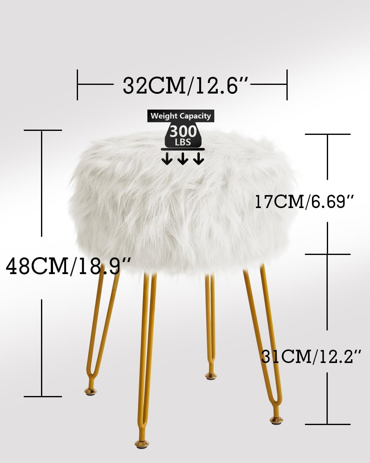 White Round Vanity Stool with Storage – Soft Furry Seat & Metal Legs