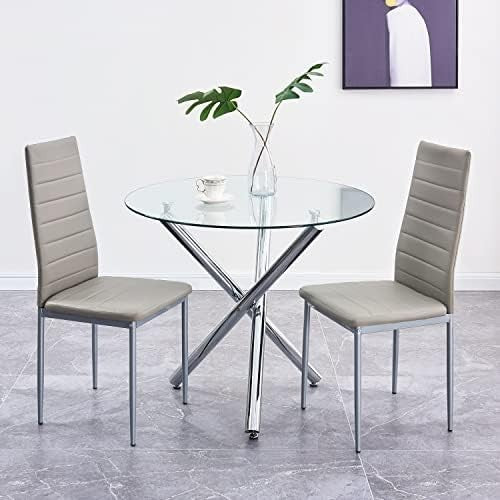 Round Glass Dining Table 90cm Silver 3-Leg Tempered Metal Modern
