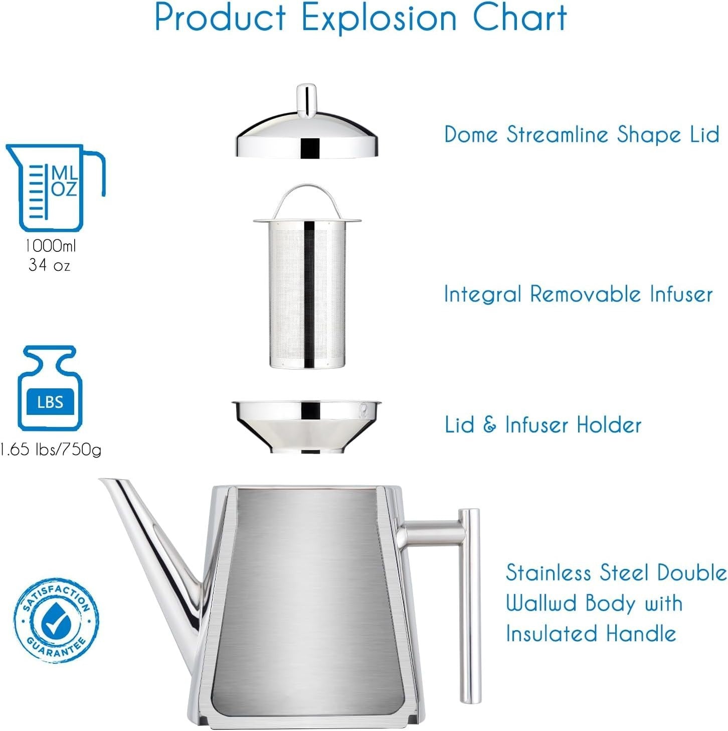 Double Wall Stainless Steel Teapot 1000ml Removable Infuser Tea Pot
