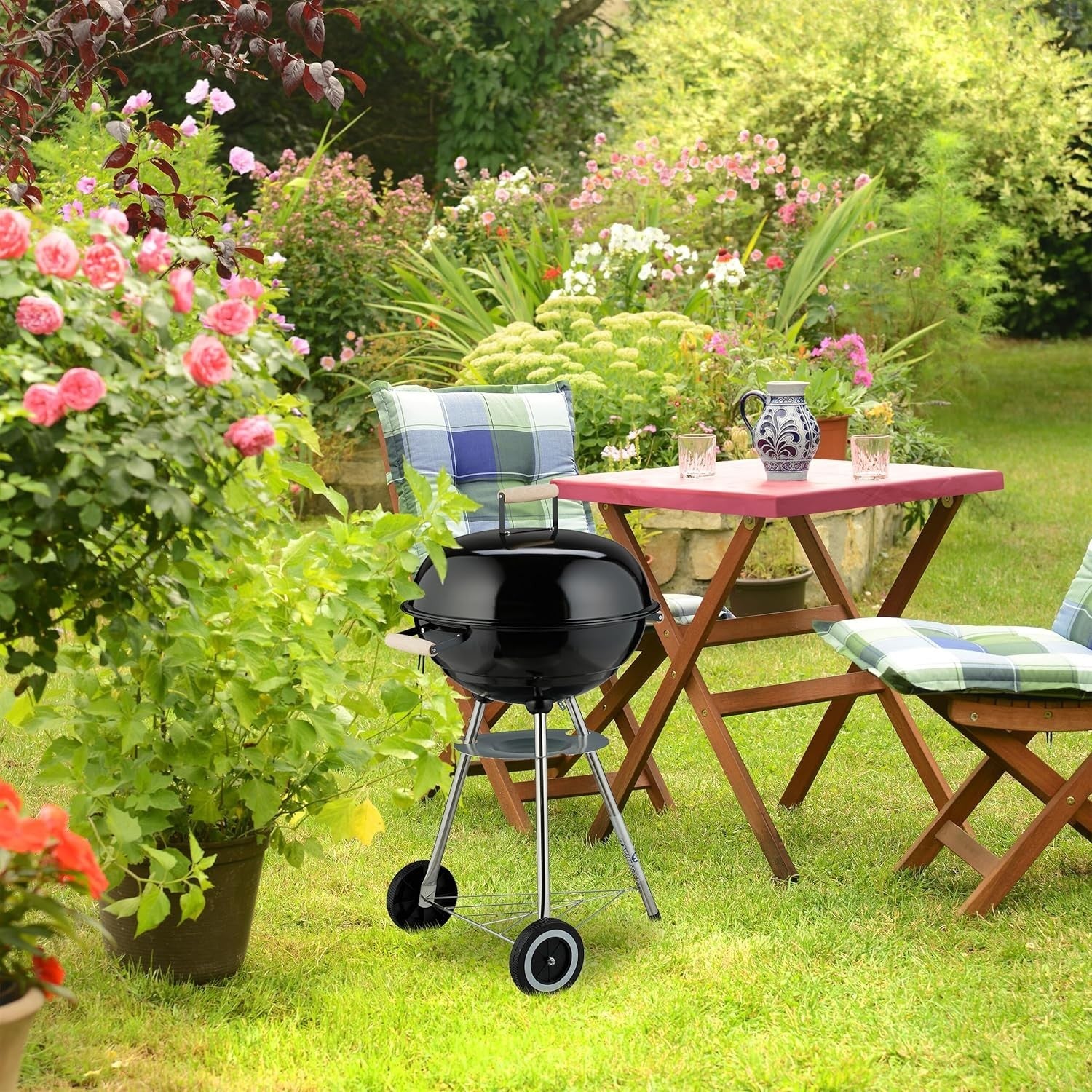 44cm Kettle Charcoal BBQ Grill with Lid, Wheels & Adjustable Air Vent