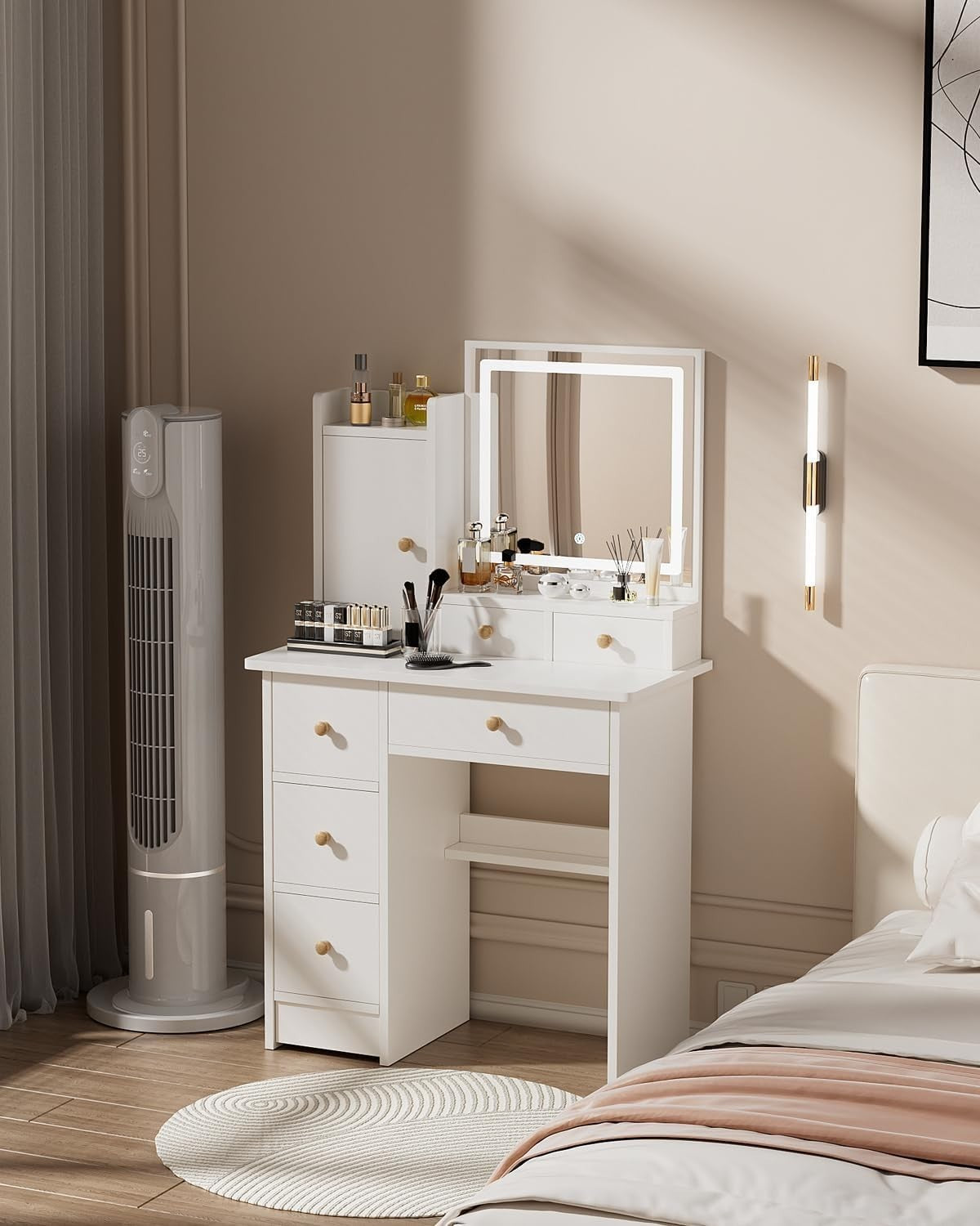 Modern Makeup Vanity Desk Adjustable Mirror 6 Drawers Wood Dresser 40x80x130cm