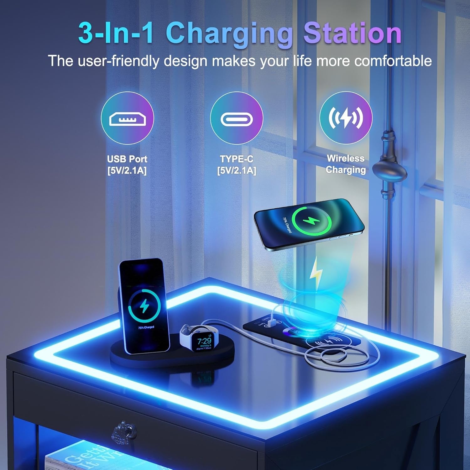 Set of 2 Black LED Bedside Tables Wireless Charging, Glass Top & Hidden Dra