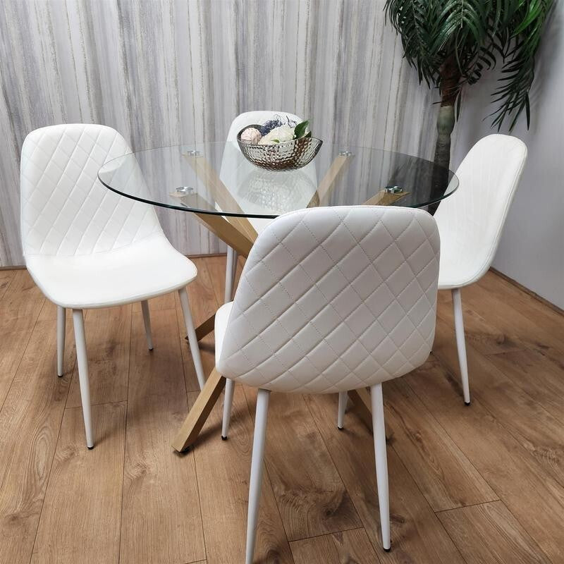 Round Glass Dining Table Set with 4 White Leather Chairs Oak Metal Legs