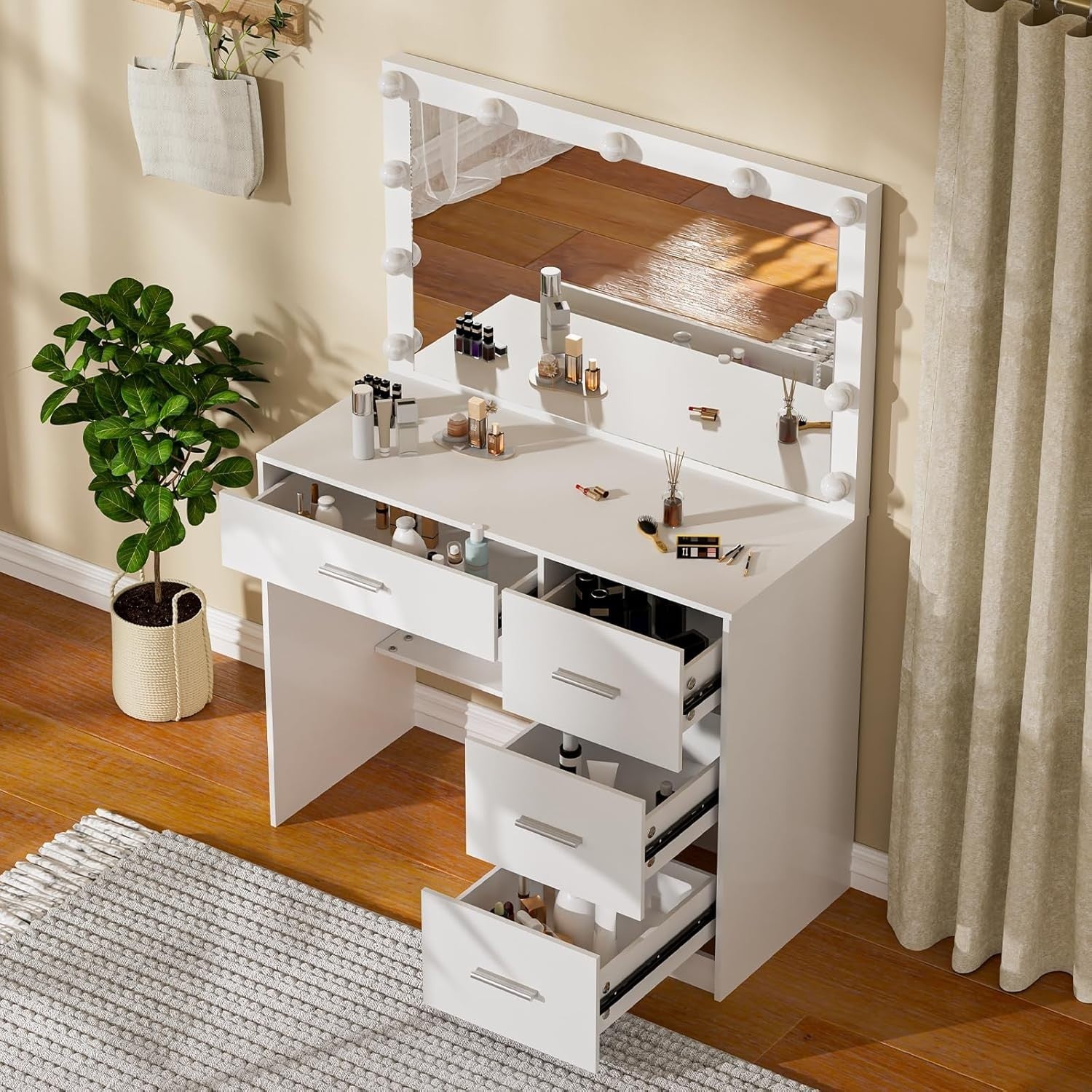 Vanity Dressing Table Desk with Mirror 11 LED Lights 4 Drawers White Wood Minima