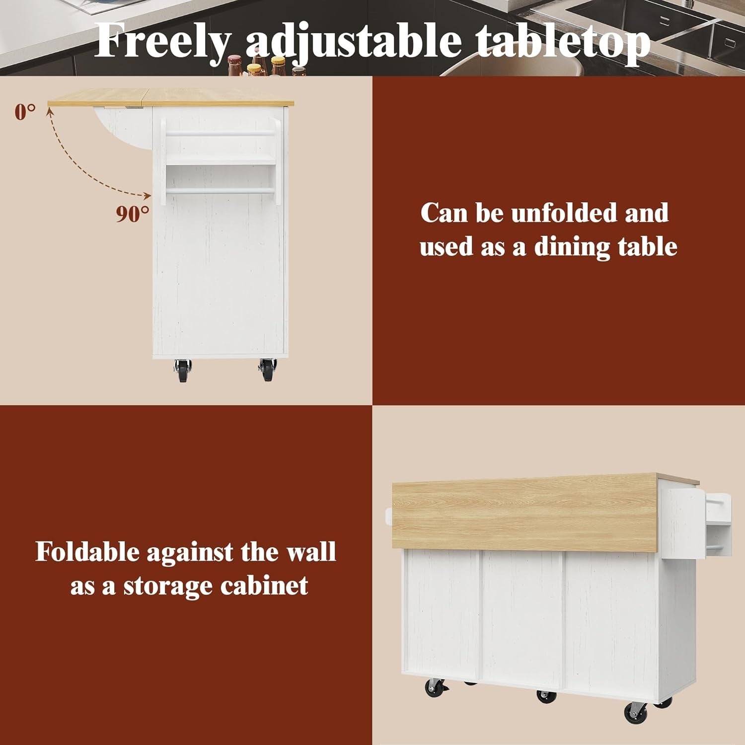 White Kitchen Island Cart with Foldable Tabletop & Storage 134x46x90cm