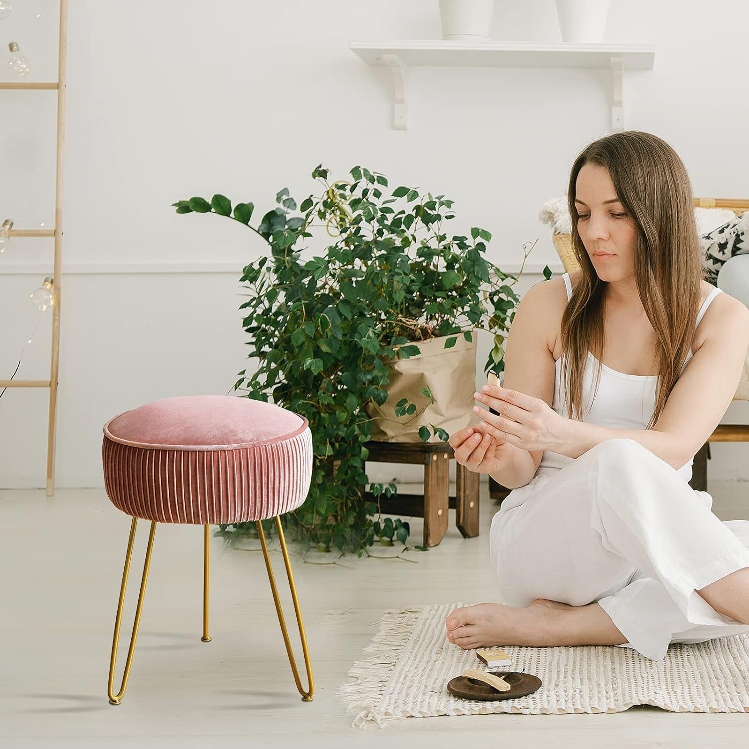 Pink Velvet Pleated Vanity Stool Round Ottoman with Gold Metal Legs