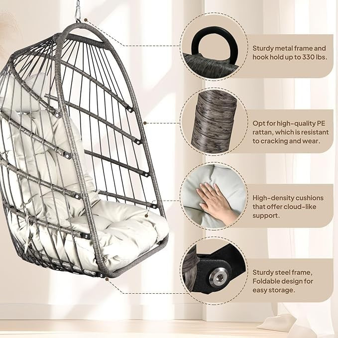 Foldable Hanging Egg Chair with Stand – 330lbs Capacity, Indoor Outdoor Use