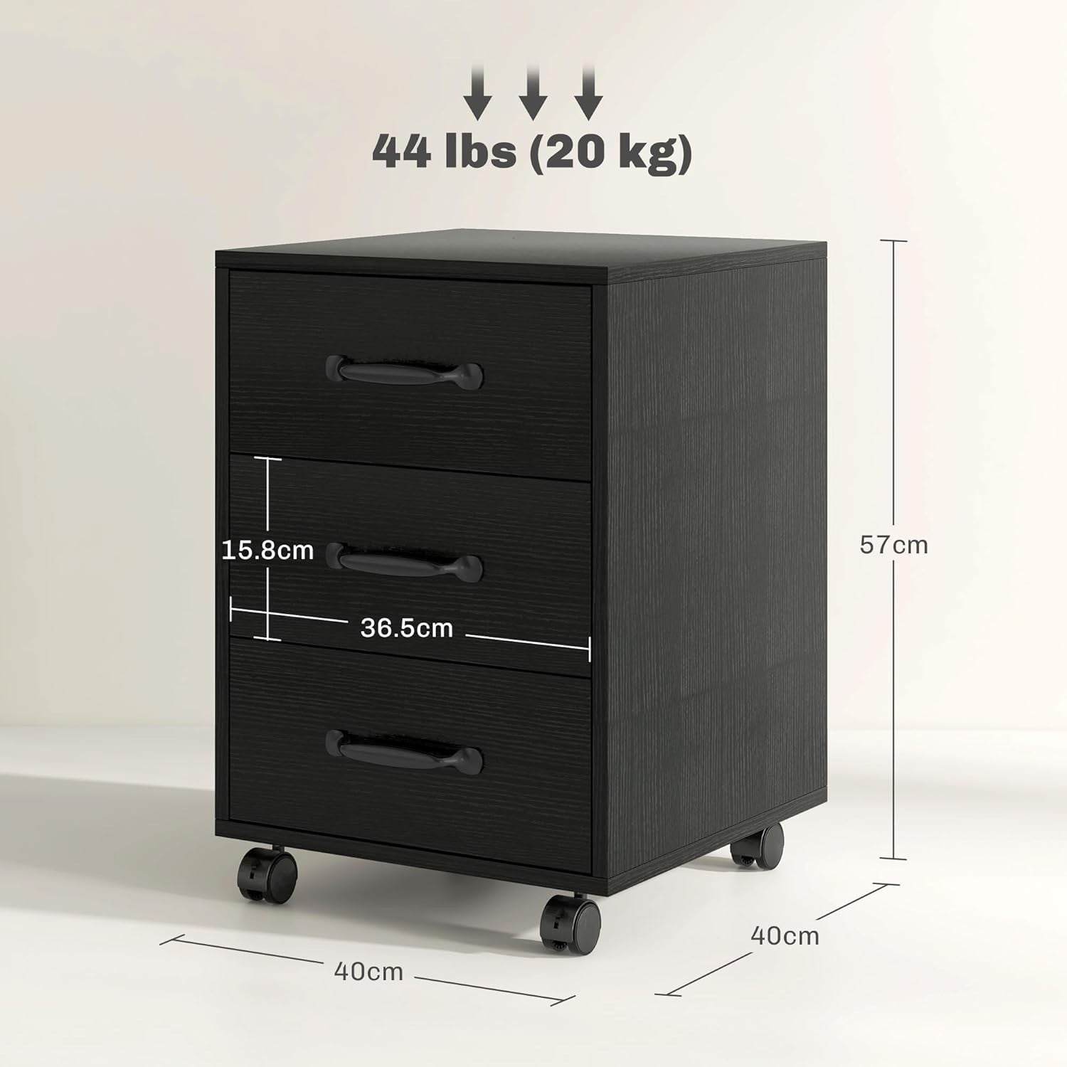 Black Wood Grain Rolling Drawer Cabinet 3 Tier Under Desk File Storage