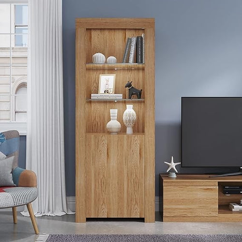 Tall Oak LED Display Cabinet with Glass Shelves | Modern Sideboard Storage Unit