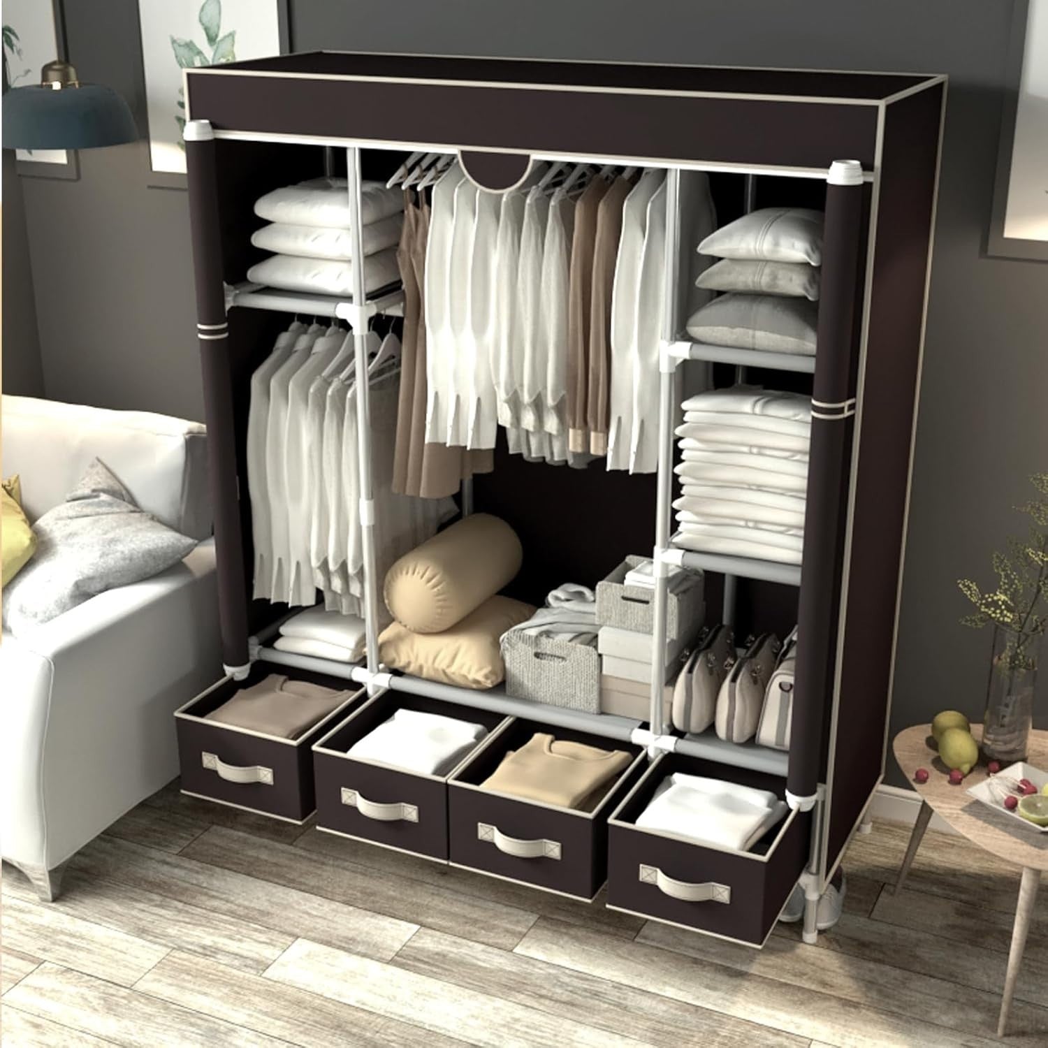Large Canvas Wardrobe with Drawers Hanging Rail Shelves Dustproof 150cm