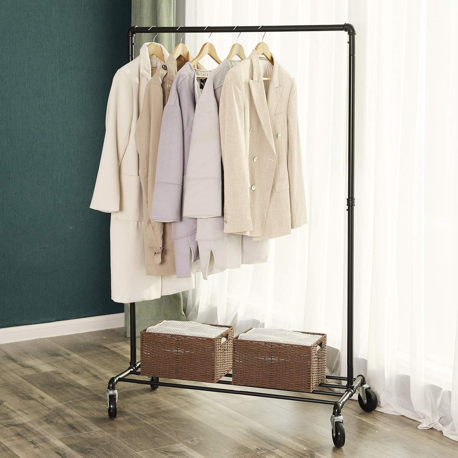 Heavy Duty Clothes Rail with Wheels & Shelf – Black, 90KG