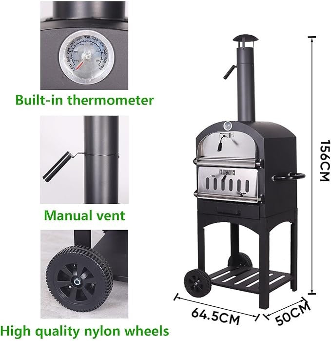 Wood Fired Outdoor Pizza Oven with Wheels | 12” Stainless Steel Brick Oven