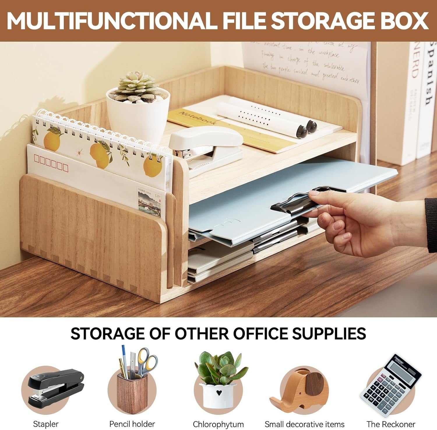 3-Tier Wooden Desk Organizer Tray for Mail, Files, Papers & Stationery