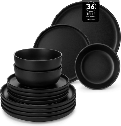 36pc Black Stoneware Dinner Set Plates Bowls Matte Finish Service for 12