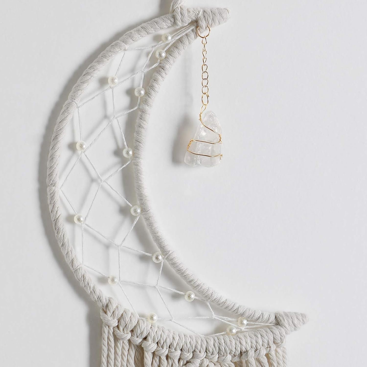 Boho Macrame Moon Wall Hanging White Crystal Dreamcatcher Decor