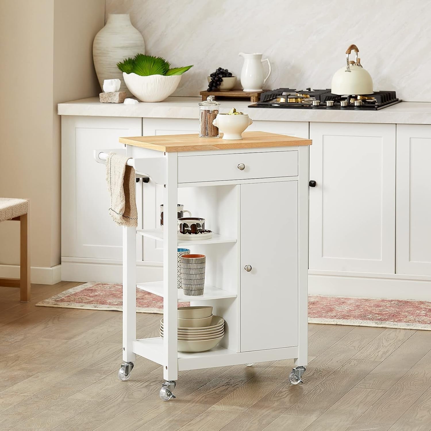 Wood Kitchen Trolley Cart Drawer Cupboard Shelves