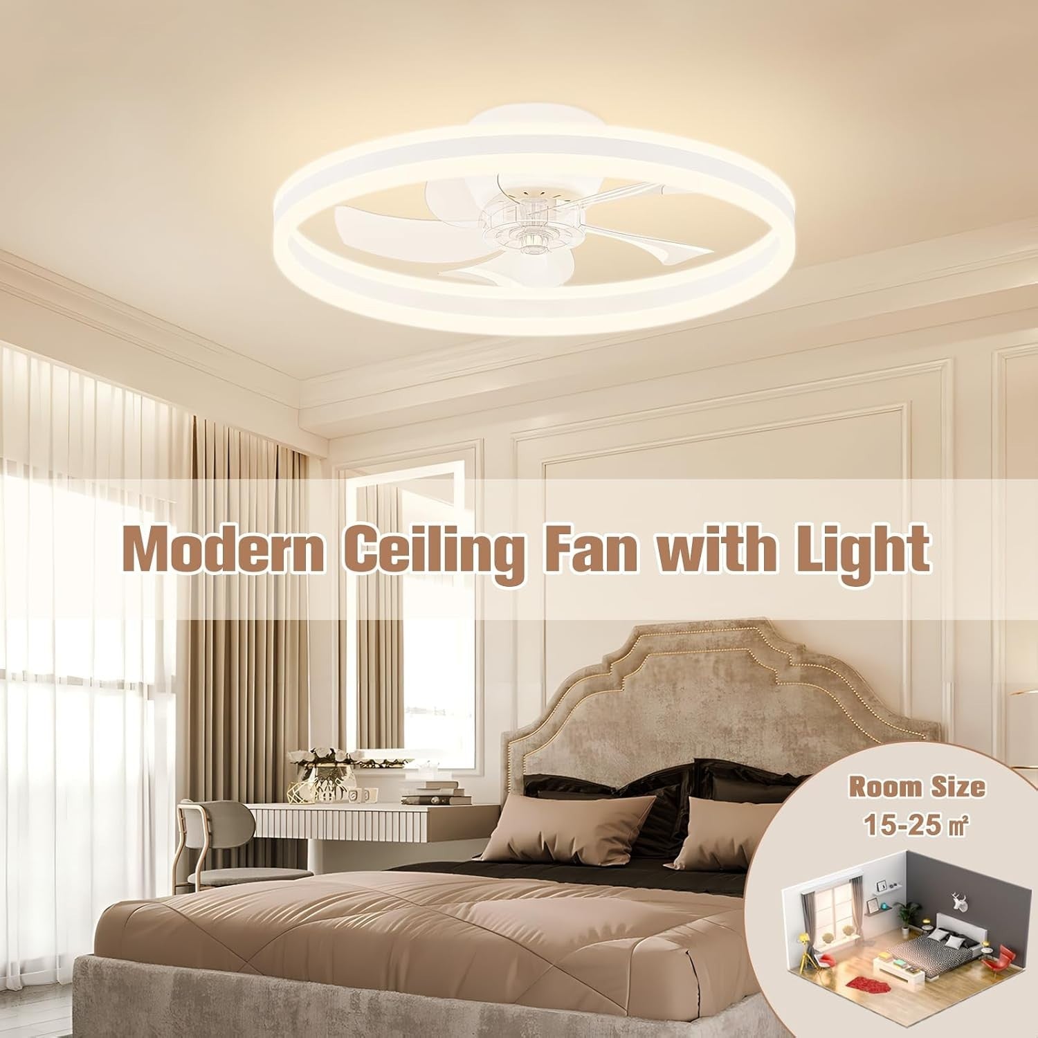 40cm Ceiling Fan with LED Light, Remote, 6 Speeds, Dimmable, White