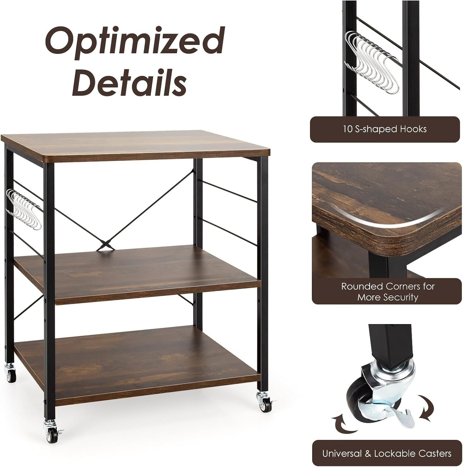 Kitchen Bakers Rack Rolling Cart Microwave Stand 3 Tier Shelves