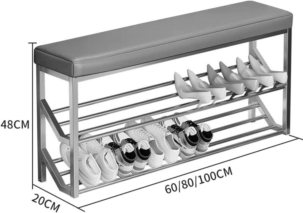 Entryway Shoe Bench 2-Tier Storage Metal Rack Padded Seat Organizer