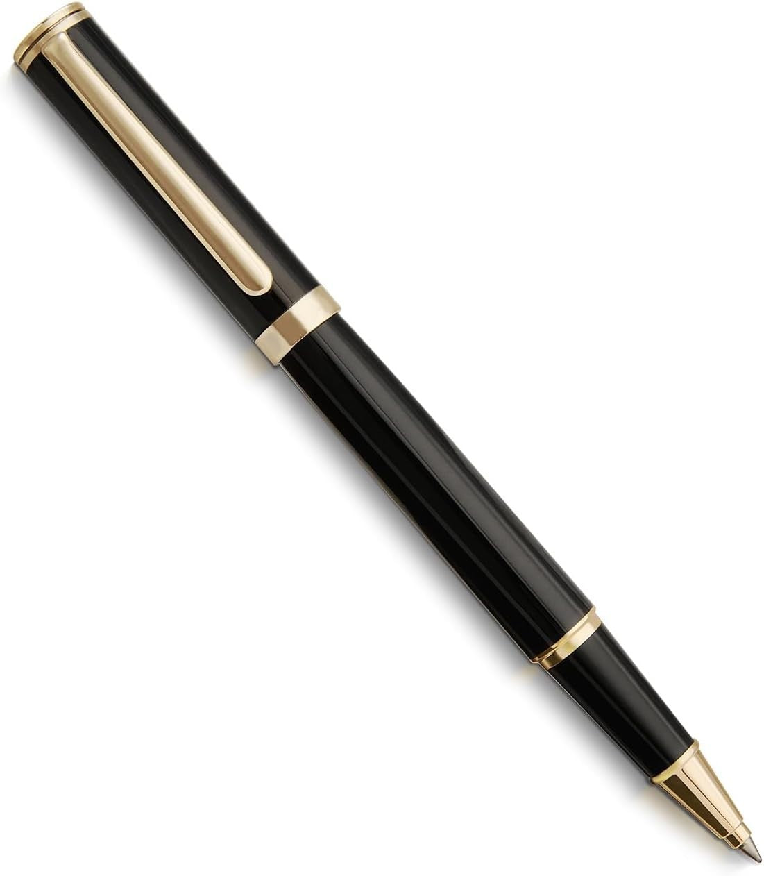 Luxury Rollerball Pen Black 24K Gold Trim Refillable Metal Rubber Model