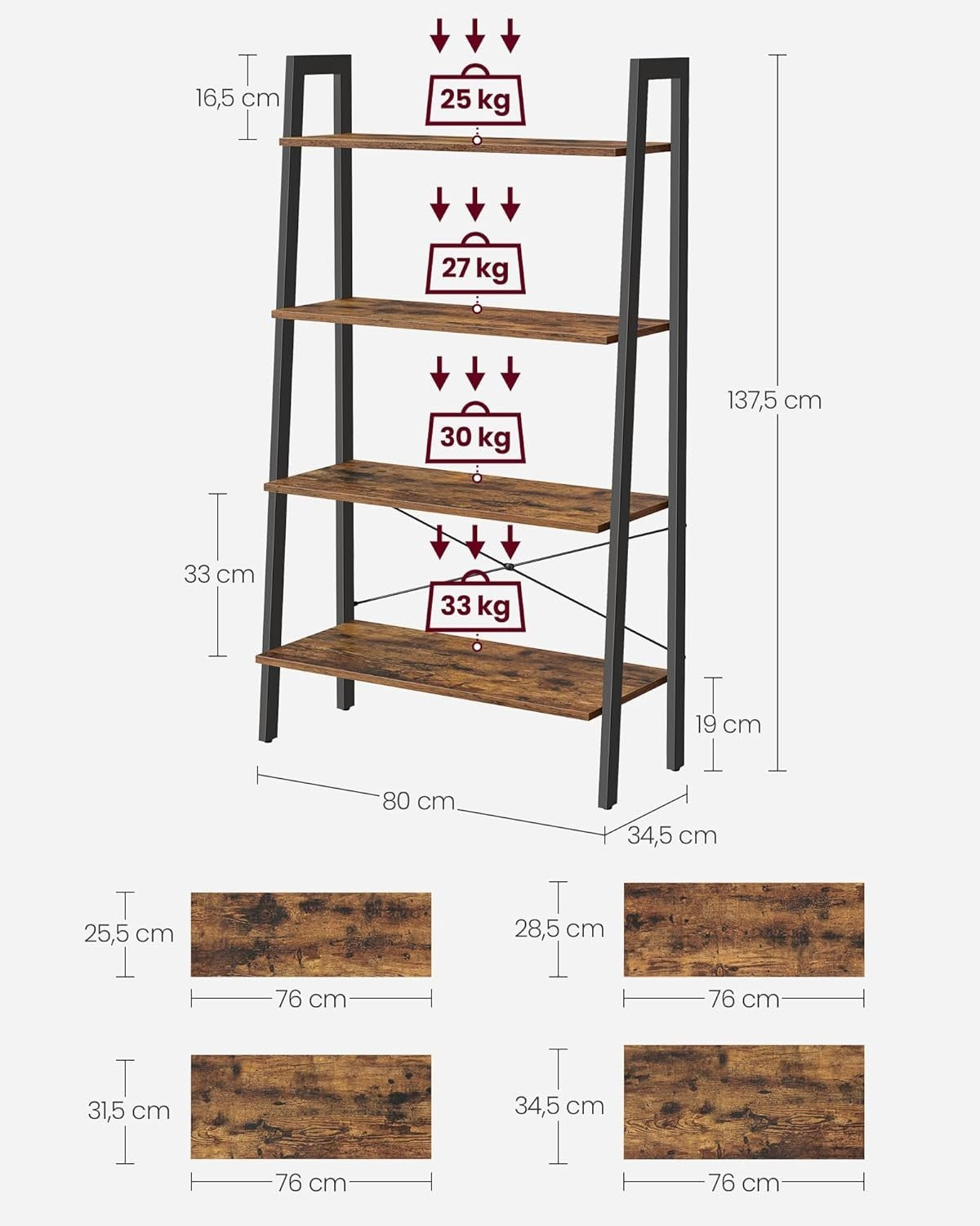 4-Tier Industrial Ladder Shelf Bookcase Storage Rack Rustic Brown 138cm
