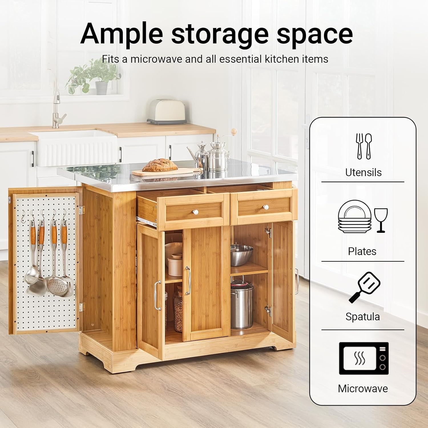 Large Kitchen Island Trolley on Wheels Stainless Steel Worktop Storage Unit