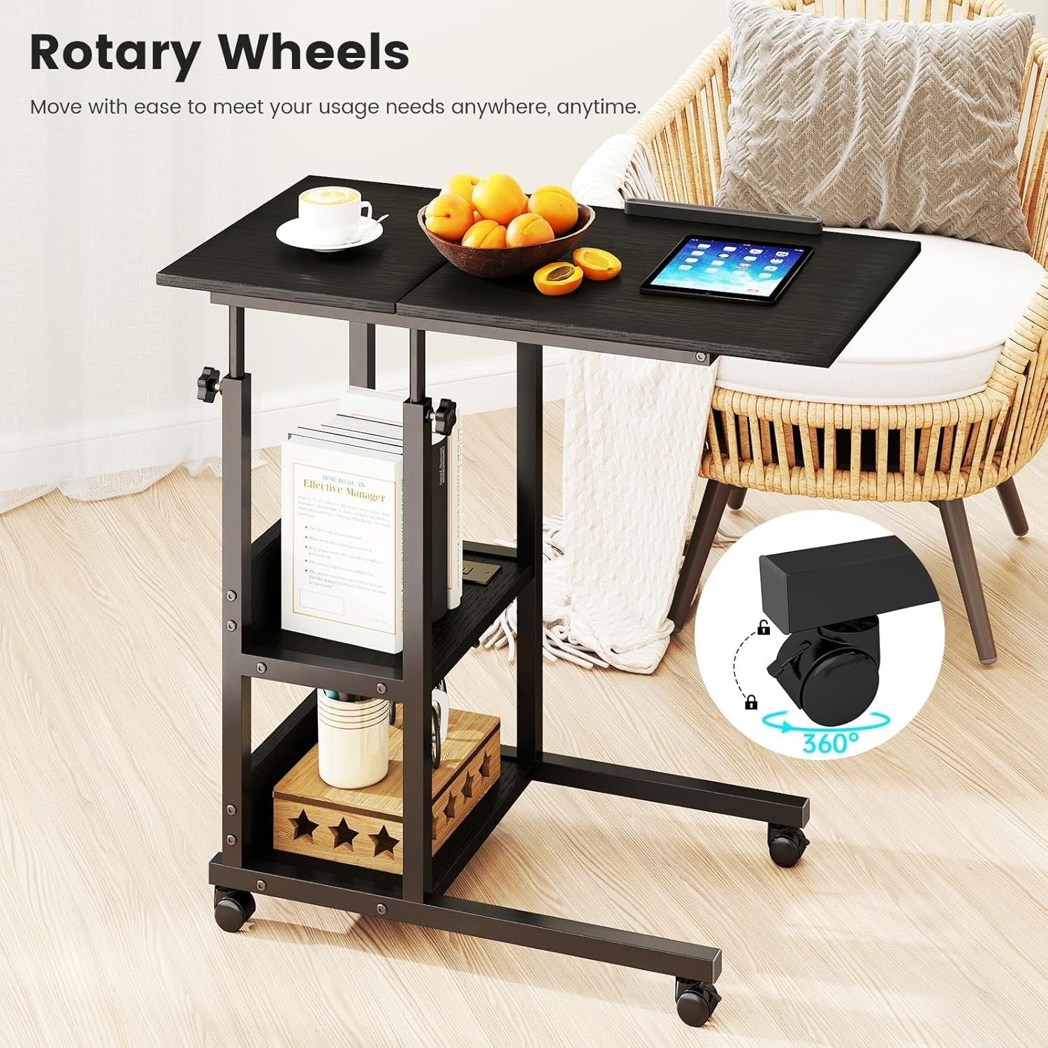 Adjustable Overbed Laptop Desk with Charging Station Wheels Storage Shelf