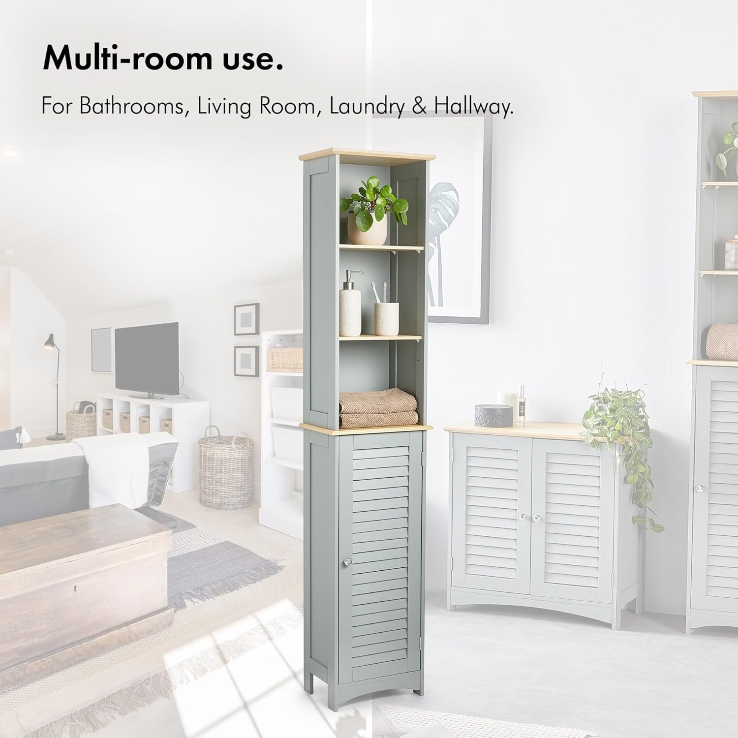 Tall Slim Bathroom Storage Unit Grey – 6 Shelf Cupboard with Door