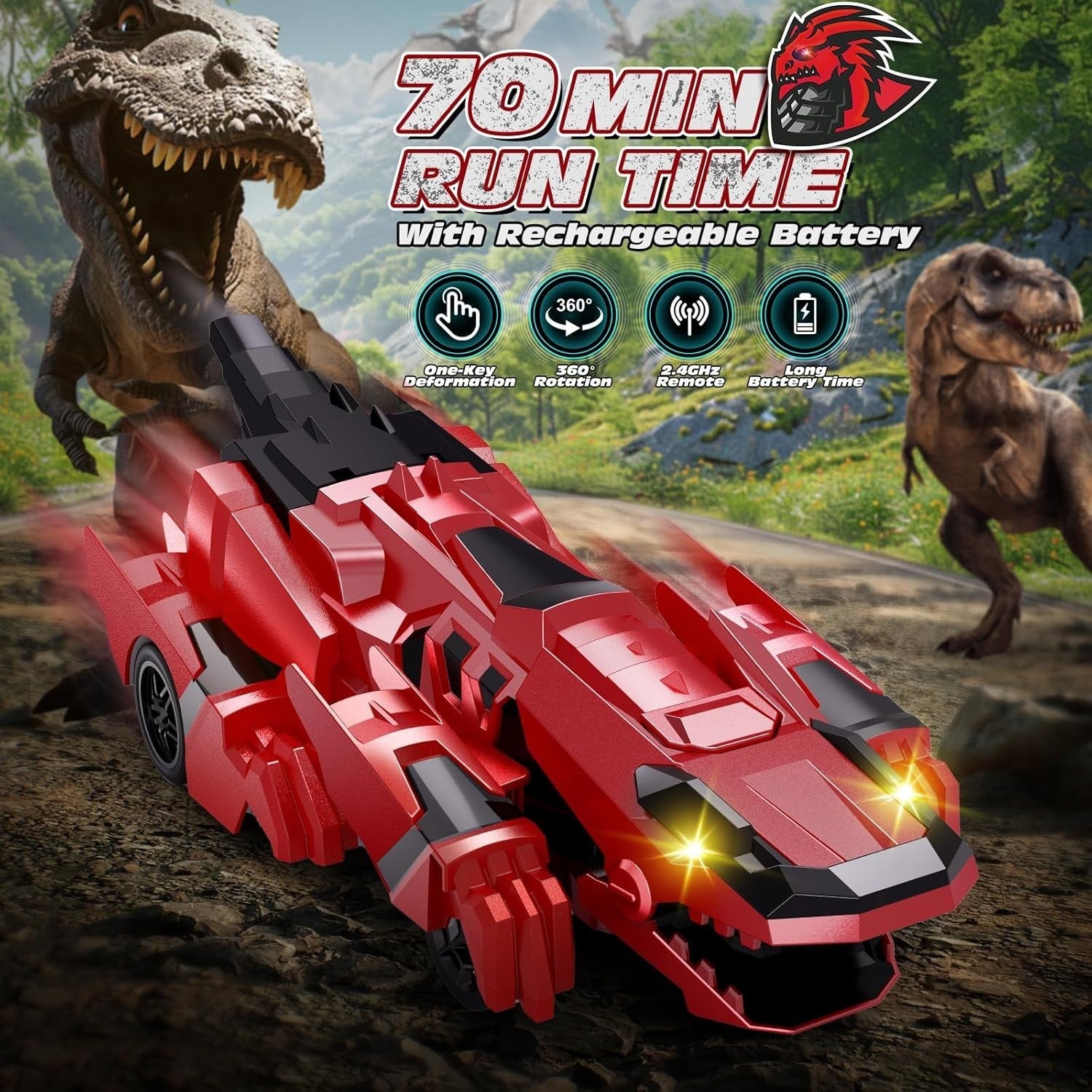 2-in-1 Dinosaur RC Car Robot Transform 360° Spin LED Remote Toy for Kids