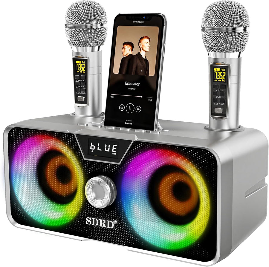 Karaoke Machine 2 UHF Wireless Mics Bluetooth PA LED