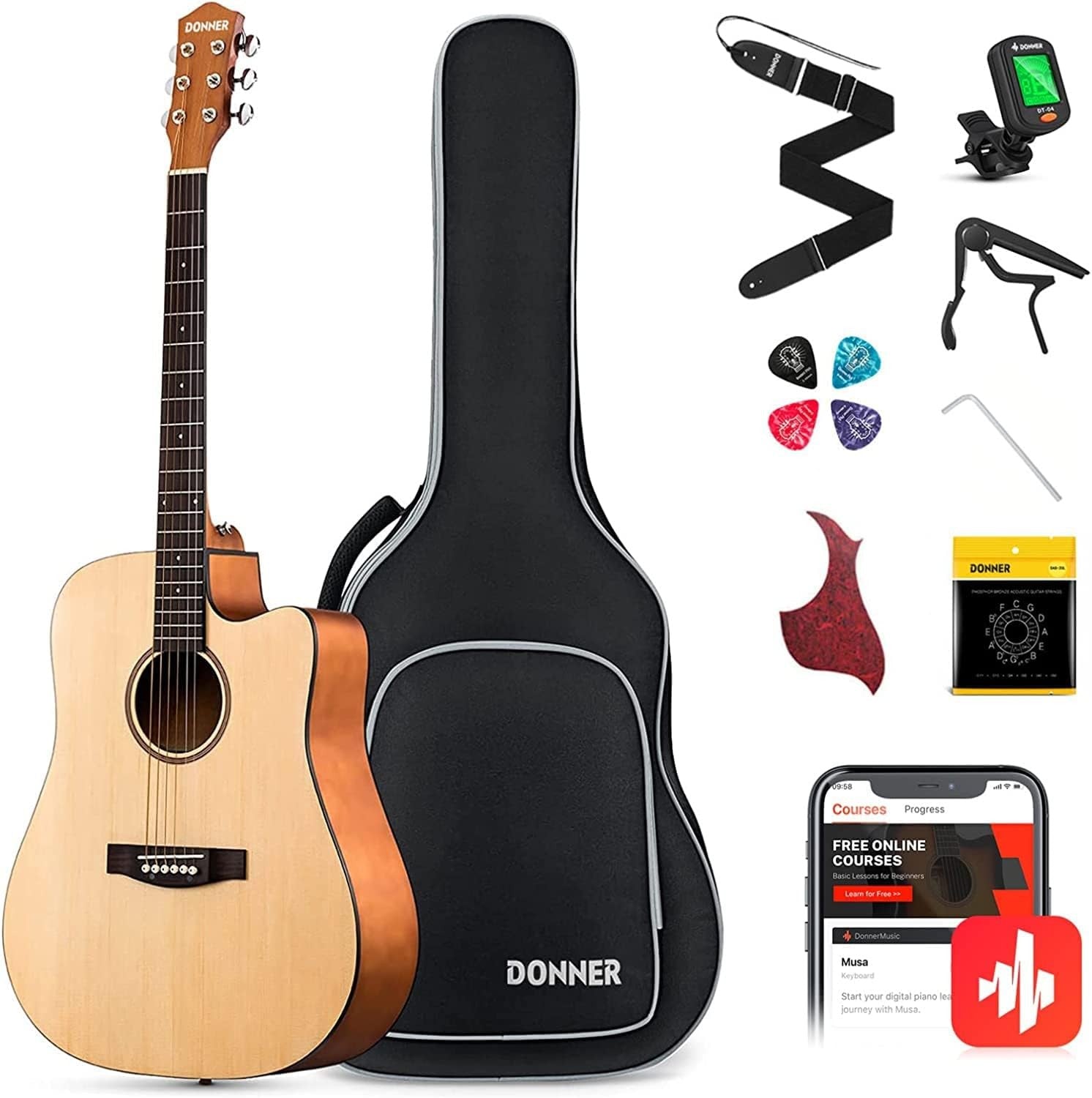41in 4/4 Full Size Acoustic Guitar Starter Kit Cutaway w/ Bag