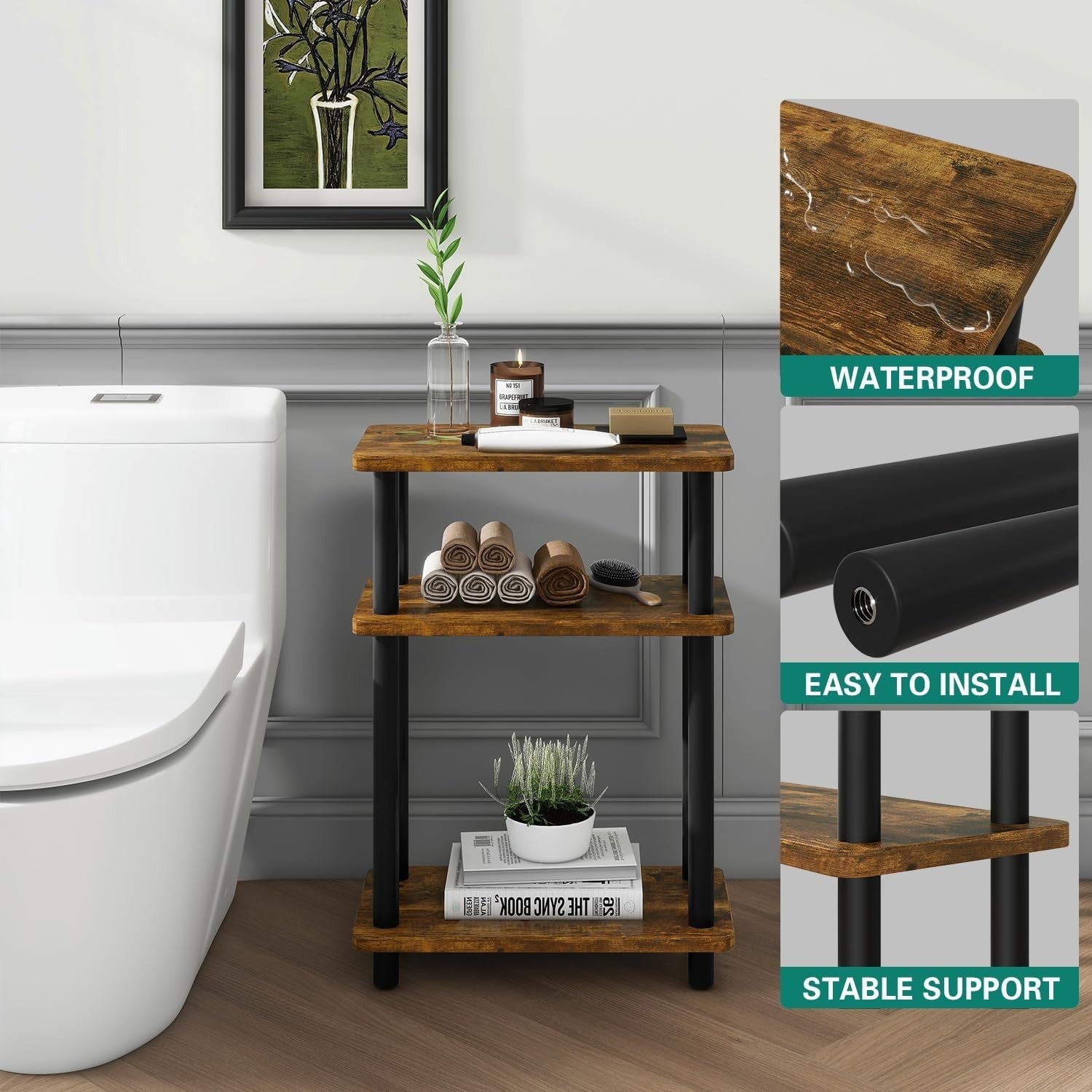 Compact Narrow Side Table with Storage Shelf, Slim, Rustic Brown, No-Tool Assemb