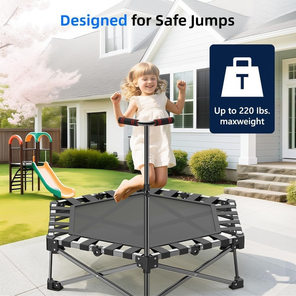 Foldable Mini Trampoline Kids Adults Indoor Fitness Rebounder Handle 110cm