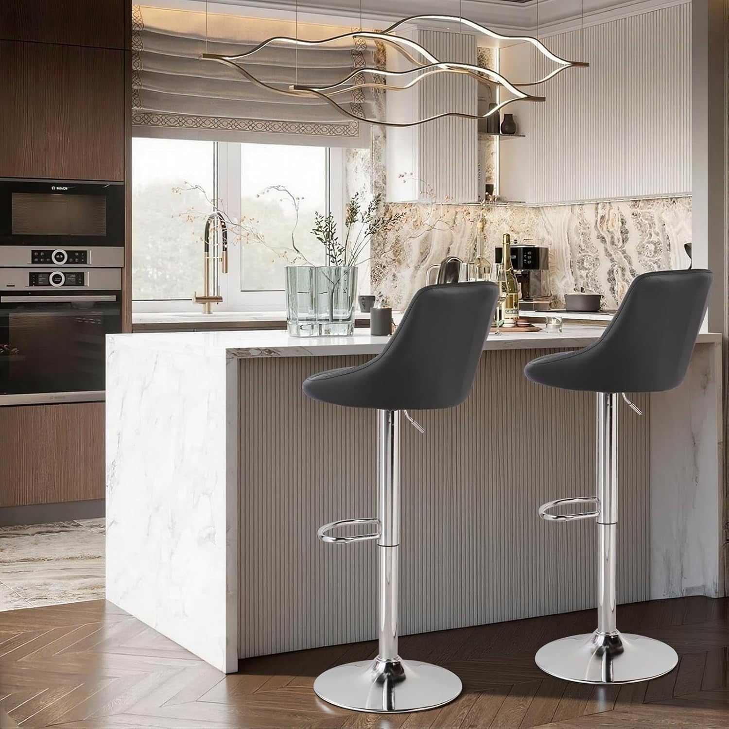 Pair of Adjustable Swivel Bar Stools in Black with Rectangular Design