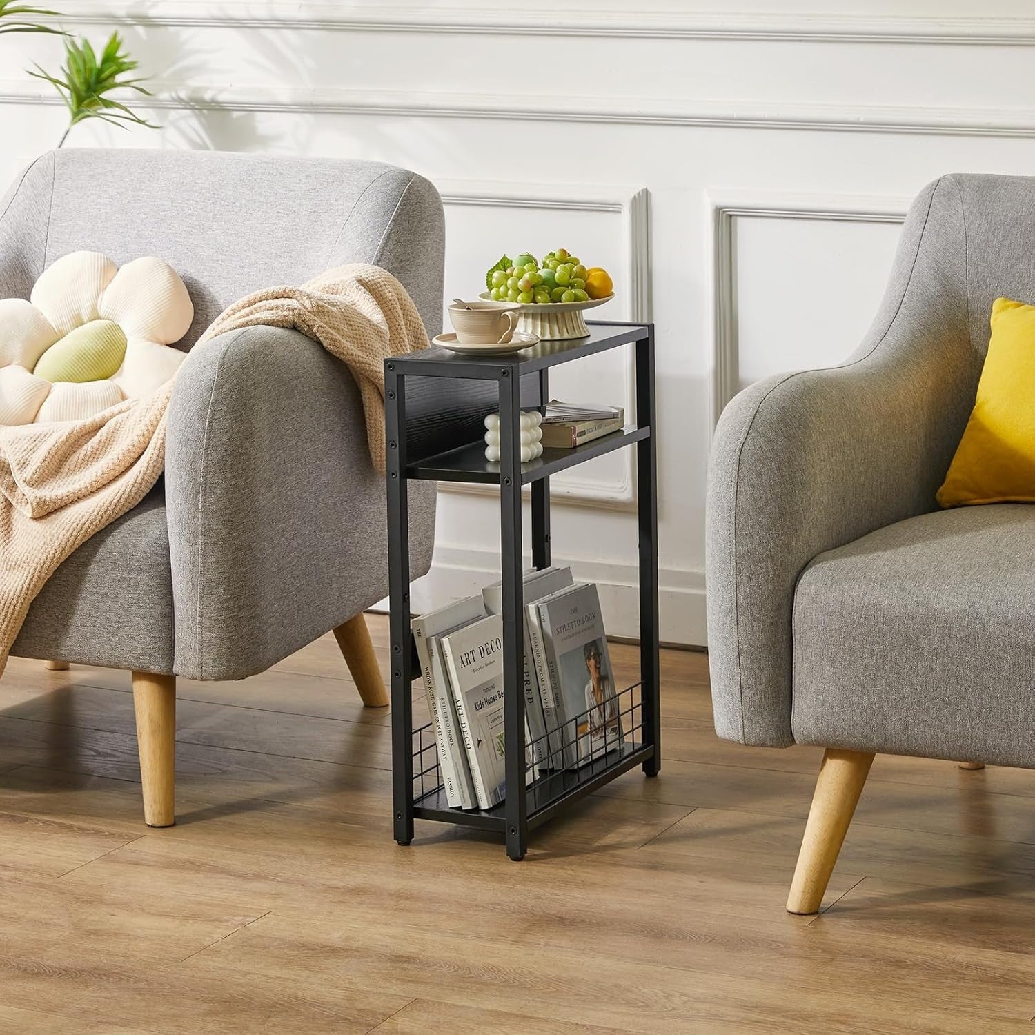 Narrow Black Side Table 3 Tier Slim End Table with Storage Shelf for Sofa Bed