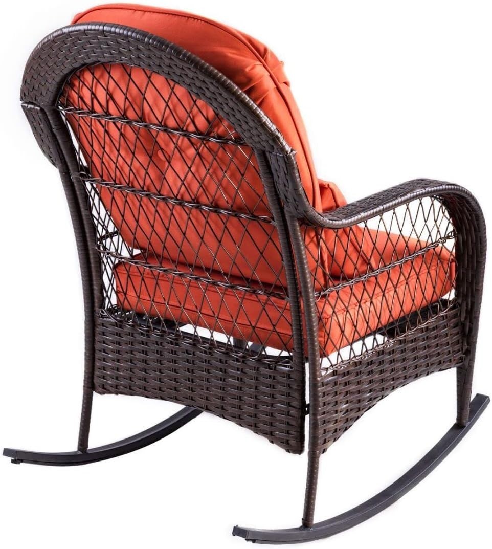 Red Rattan Rocking Chair Cushioned Patio Garden Porch Outdoor Relax Armchair
