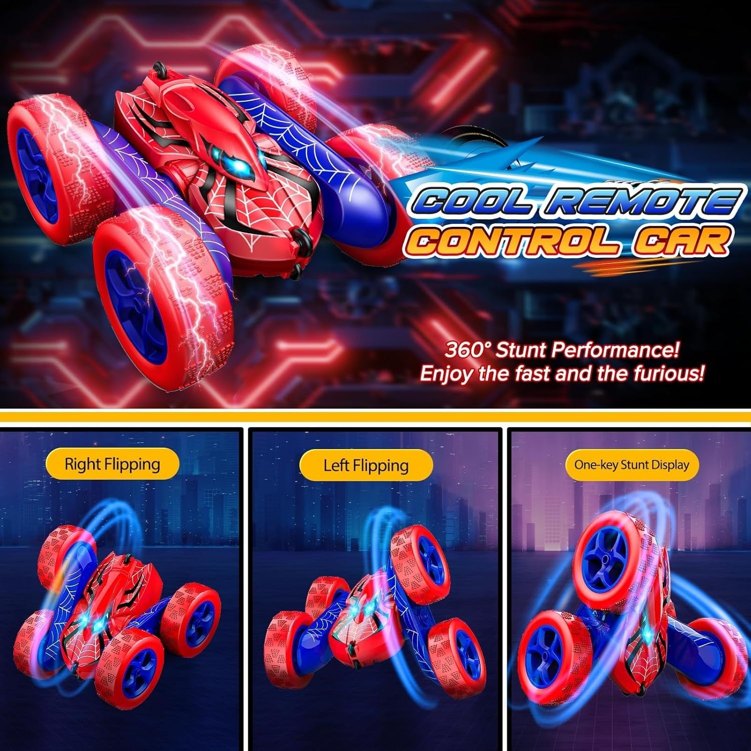 4WD RC Stunt Car 360° Flip LED Rechargeable Toy for Boys Age 3–10