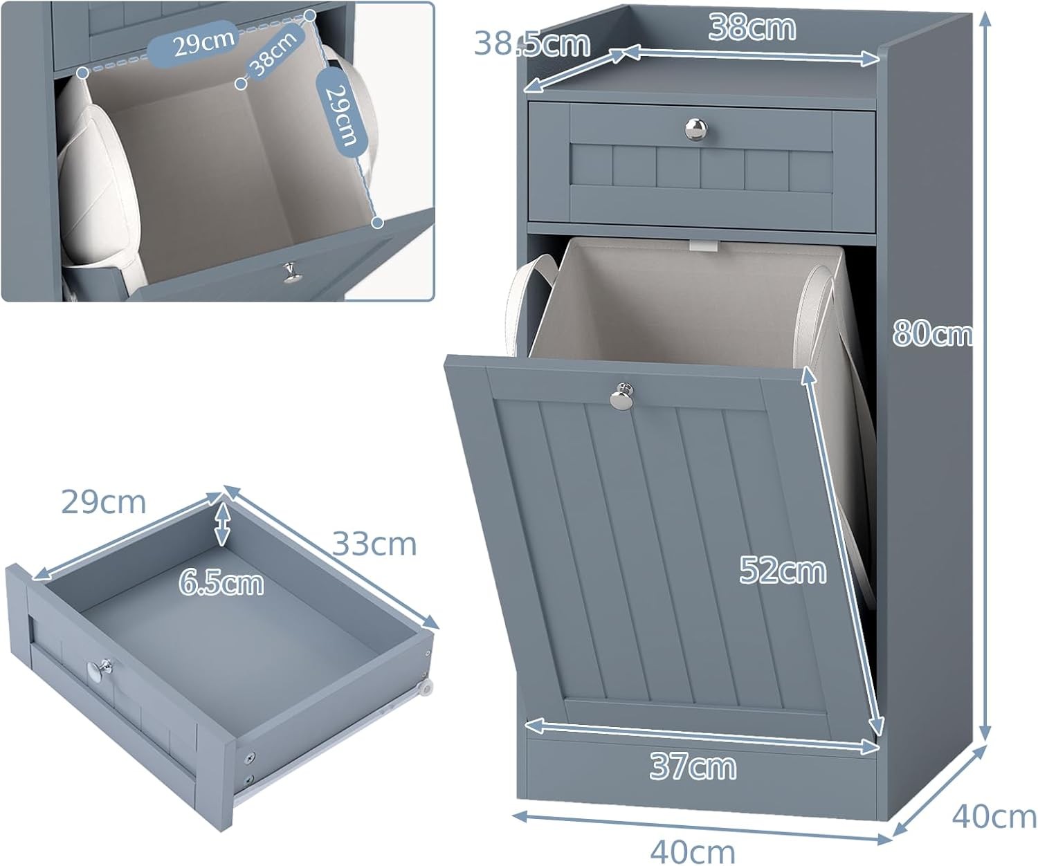 Grey Tilt-Out Laundry Cabinet with Drawer Removable Liner Bathroom Storage Unit