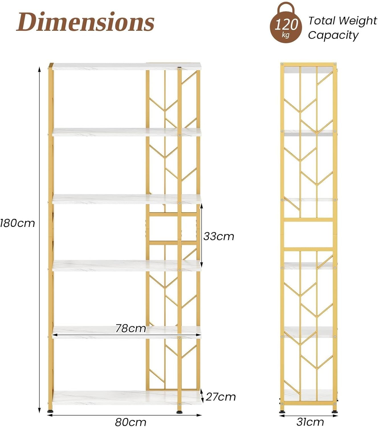 6-Tier Gold & White Bookshelf Modern Display Storage Unit Heavy-Duty Metal Frame
