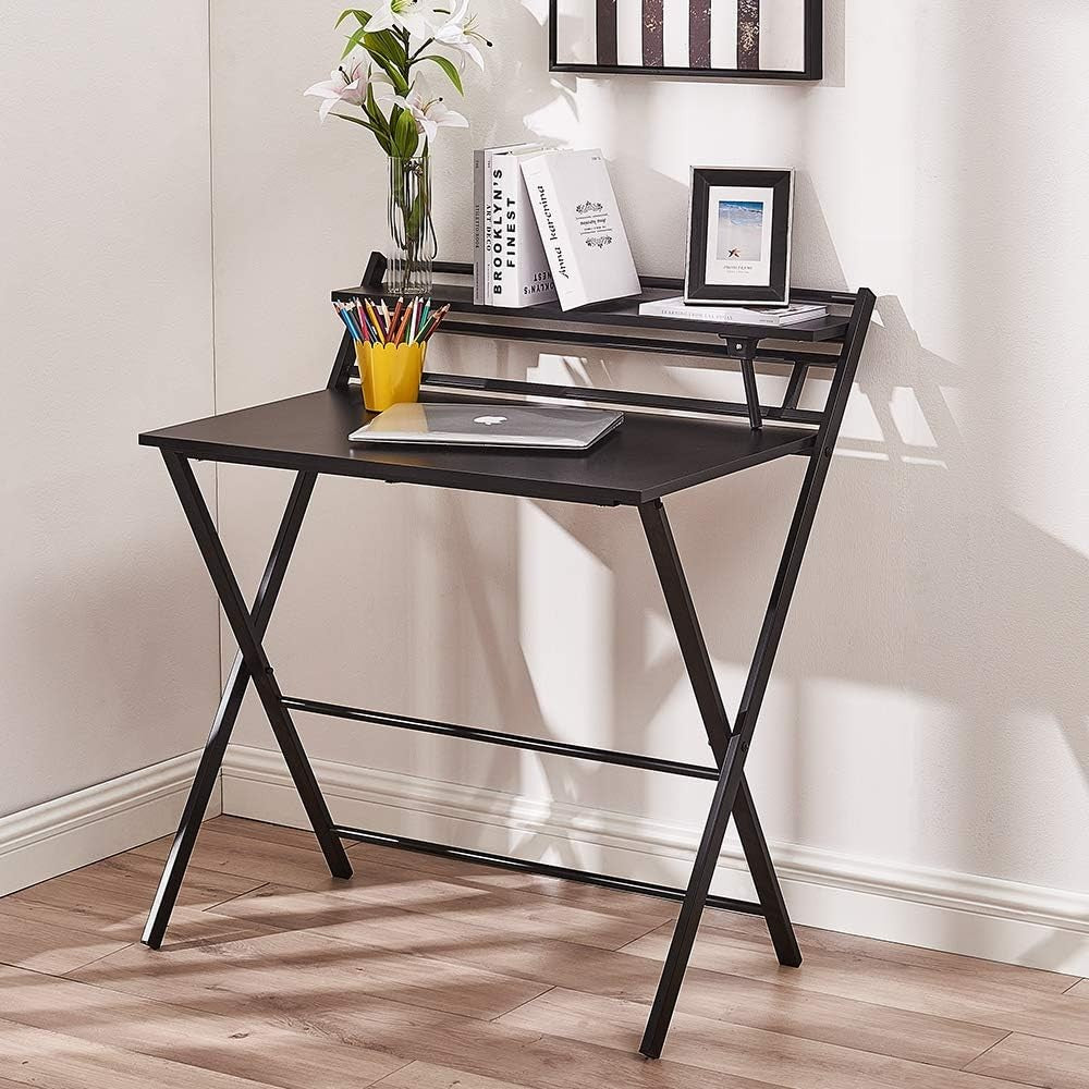 Folding Computer Desk Small Space Laptop Study Table with Shelf Black