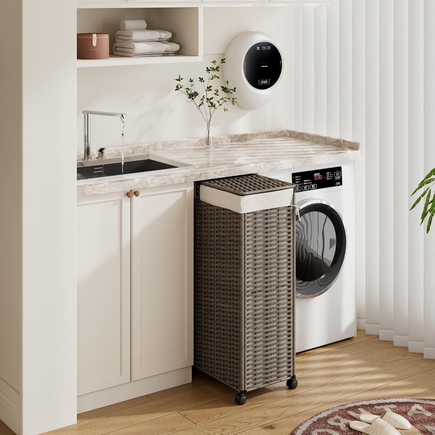 70L Slim Rattan Laundry Hamper with Wheels Lid & Removable Bag Grey Basket