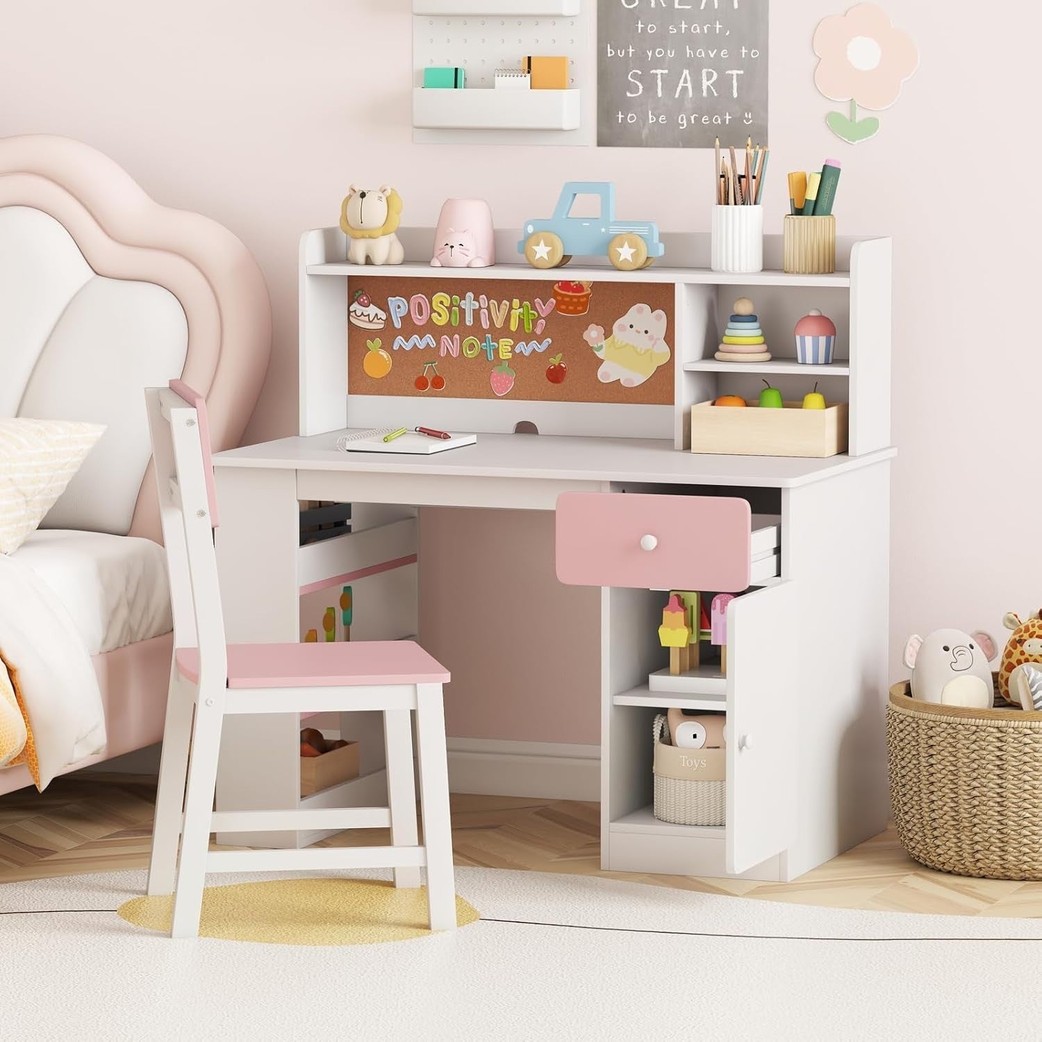 Kids Study Desk and Chair Set Wooden Writing Table Storage Shelves Drawer Pink