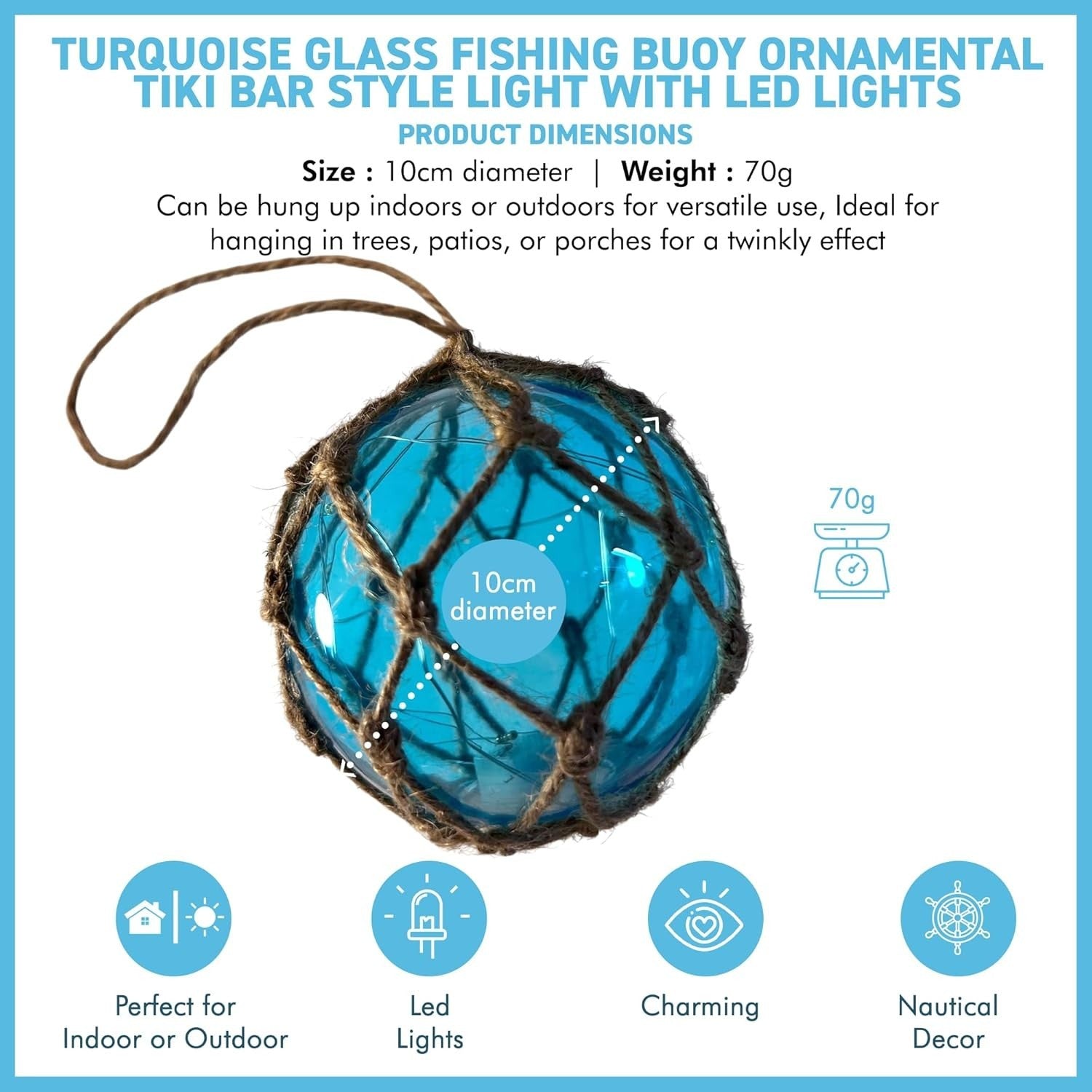 Turquoise Glass Fishing Buoy Light LED Nautical Decor Hanging Rope Beach Lamp
