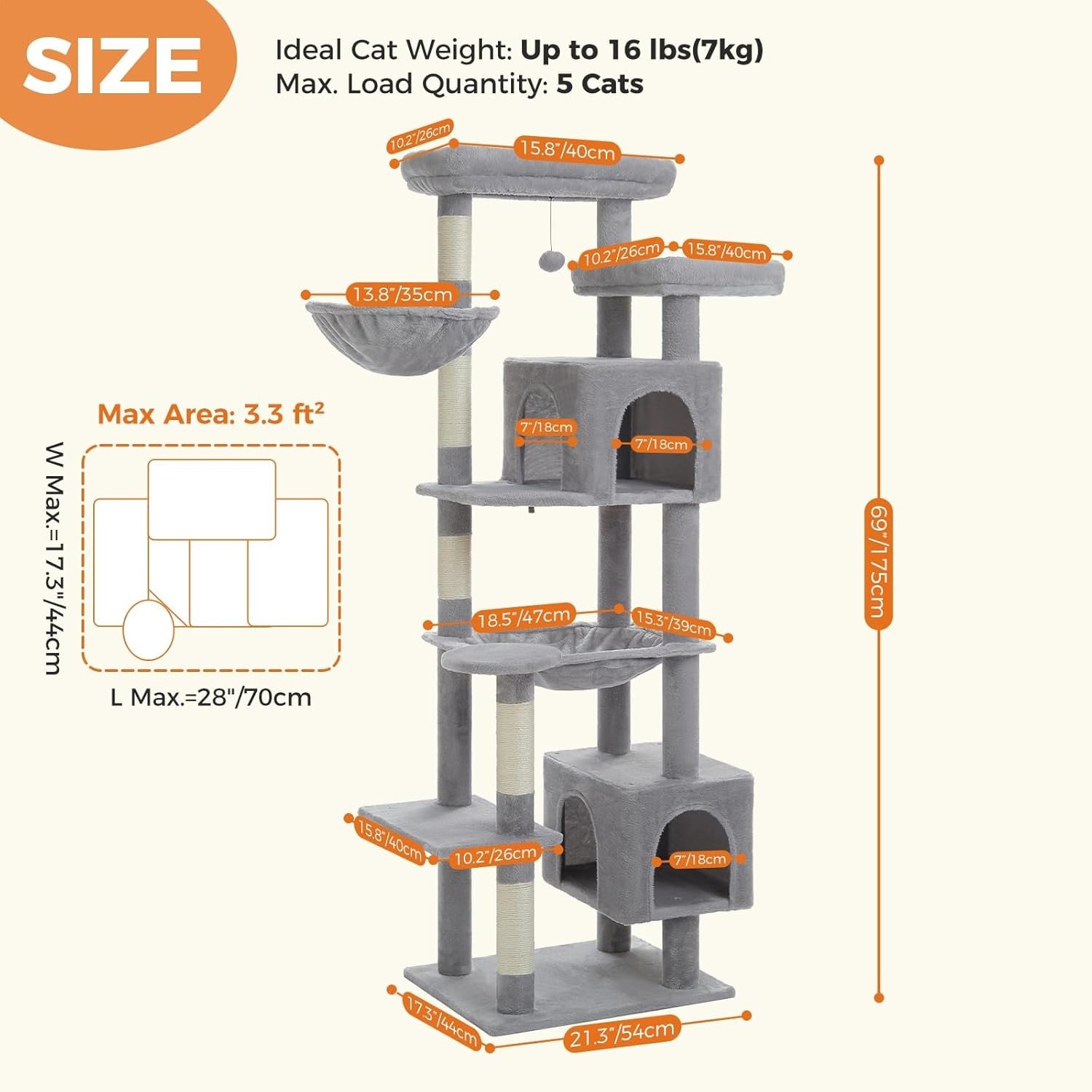 Large Cat Tree 175cm Multi-Level Tower with Condos Scratching