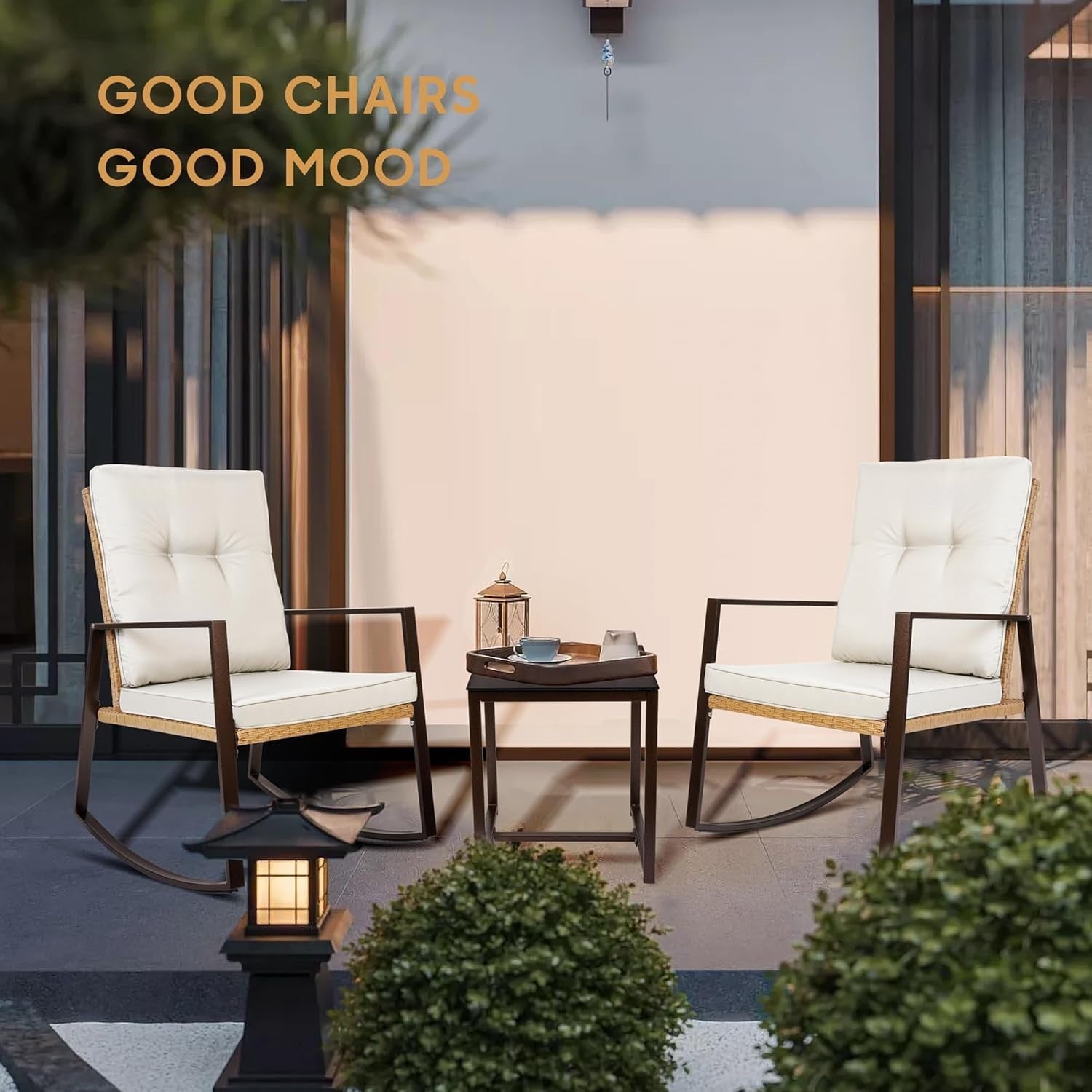 Rocking Rattan Bistro Set 3 Piece Patio Chairs Cushions Glass Table